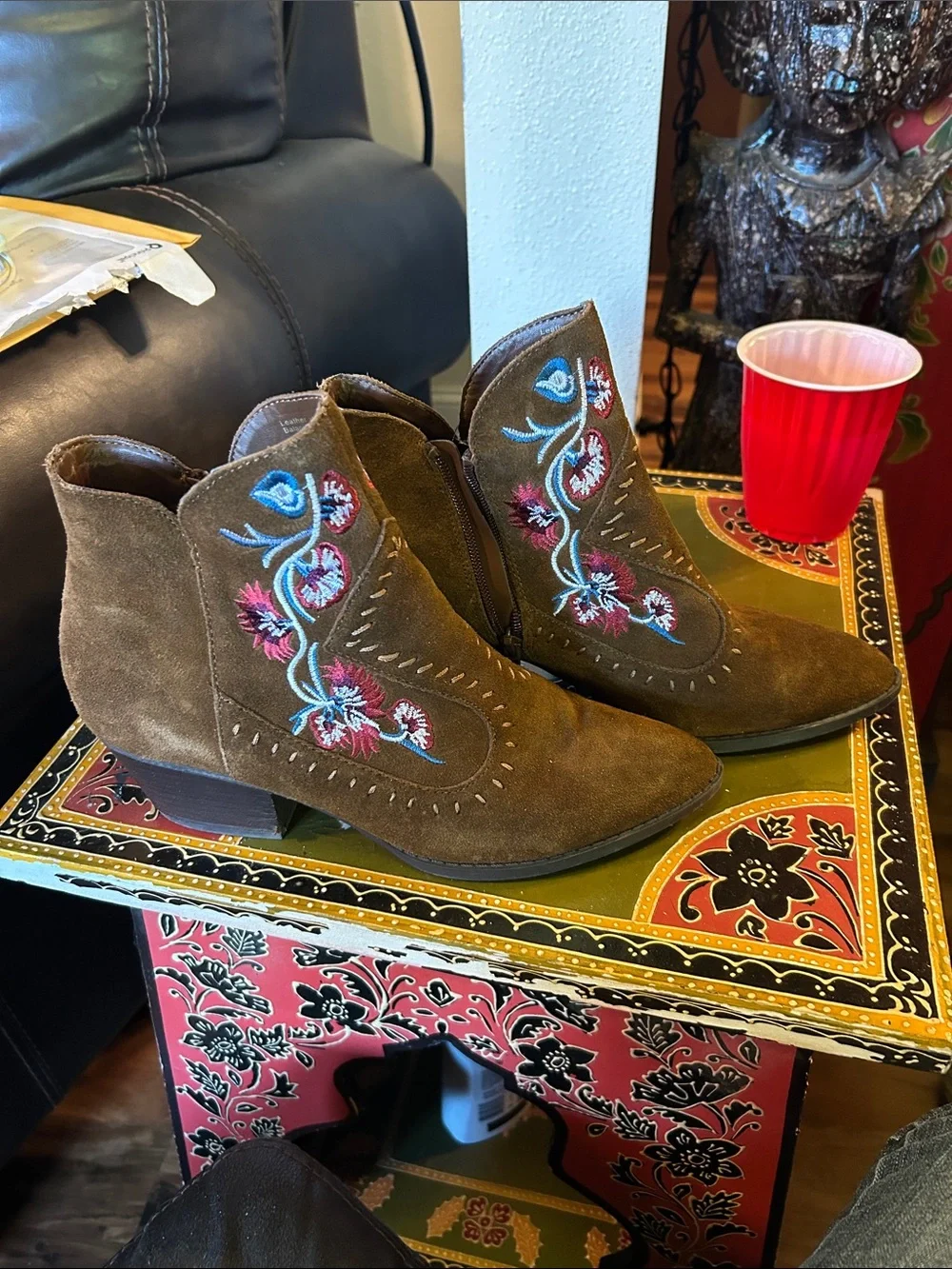 Embroidered Brown Suede Ankle Booties - Women's